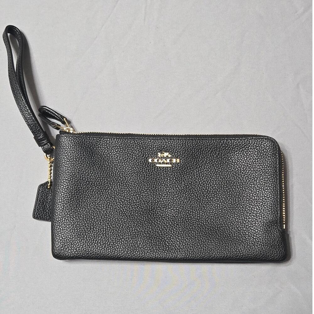 COACH Black Pebbled Leather Double Zip Wristlet Wallet Clutch Gold Hardware